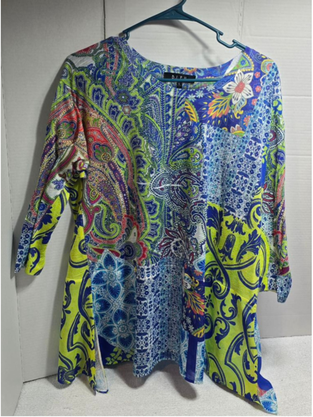 Women's B.L.E.U. Tunic Top Large Blue Green Paisley